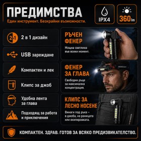 Акумулаторен челник и ръчен фенер 2 в 1 COB LED 360 лумена IPX4-12