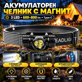 Акумулаторен челник с магнит 3 LED, 600–800 lm и Type-C