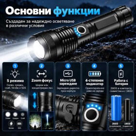 Акумулаторен LED фенер P90 с регулируем Zoom и USB зареждане