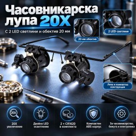 Часовникарска лупа за око 20X с 2 LED светлини и обектив 15 мм