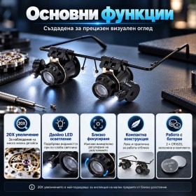 Часовникарска лупа за око 20X с двойно LED осветление