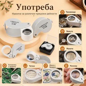 Сгъваема джобна лупа 40X с 2 LED светлини за бижута монети часовници и ремонт-12