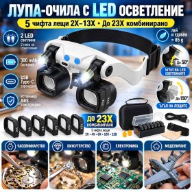 Лупа-очила с LED и 5 сменяеми лещи 2X–13X, до 23X