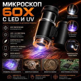 Мини микроскоп 60X с LED и UV светлина за банкноти бижута монети и детайли-1