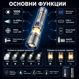 Мощен акумулаторен фенер прожектор YEMAO White Laser 1000 лумена 400 м USB-C Power Bank и къмпинг лампа-2