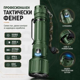 Мощен тактически акумулаторен фенер YEMAO 5080 лумена 3x KX50 LED USB-C Power Bank един бутон-1