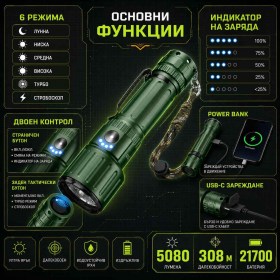 Мощен тактически акумулаторен фенер YEMAO 5080 лумена 3x KX50 LED USB-C Power Bank един бутон-2