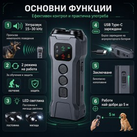 кумулаторен ултразвуков кучегон с LED светлина и USB-C за обучение и защита-12