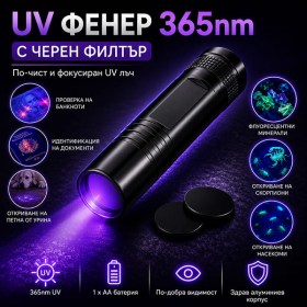 UV фенер 365 nm с черен филтър алуминиев корпус за банкноти документи минерали и проверки-1
