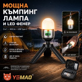 Къмпинг лампа LED фенер YEMAO 300 лумена с USB Type-C магнит статив и кука-1