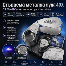 Сгъваема джобна лупа 40X с LED и UV светлина за банкноти бижута монети и ремонт-1