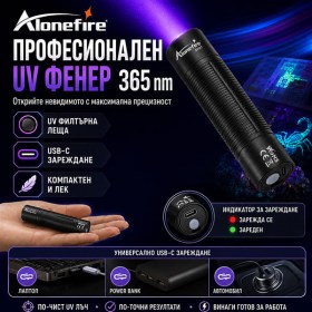Професионален UV фенер 365 nm с филтърна леща USB Type C за банкноти минерали и петна-1
