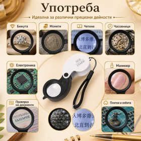 Джобна бижутерска лупа 30X с LED осветление за злато бижута монети и банкноти-12